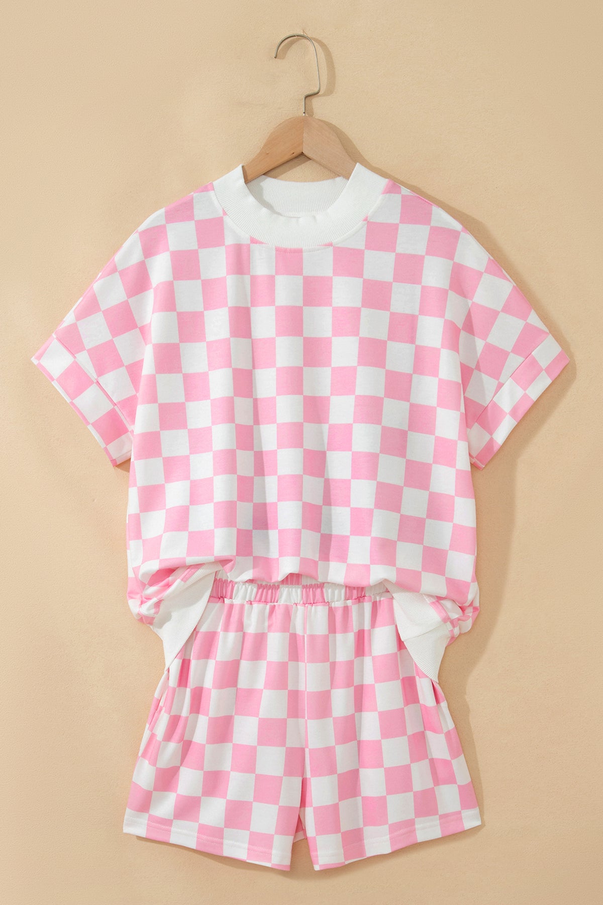 Women's Pink Checkered Print Color Block Trim Mock Neck Shorts Two-Piece Set