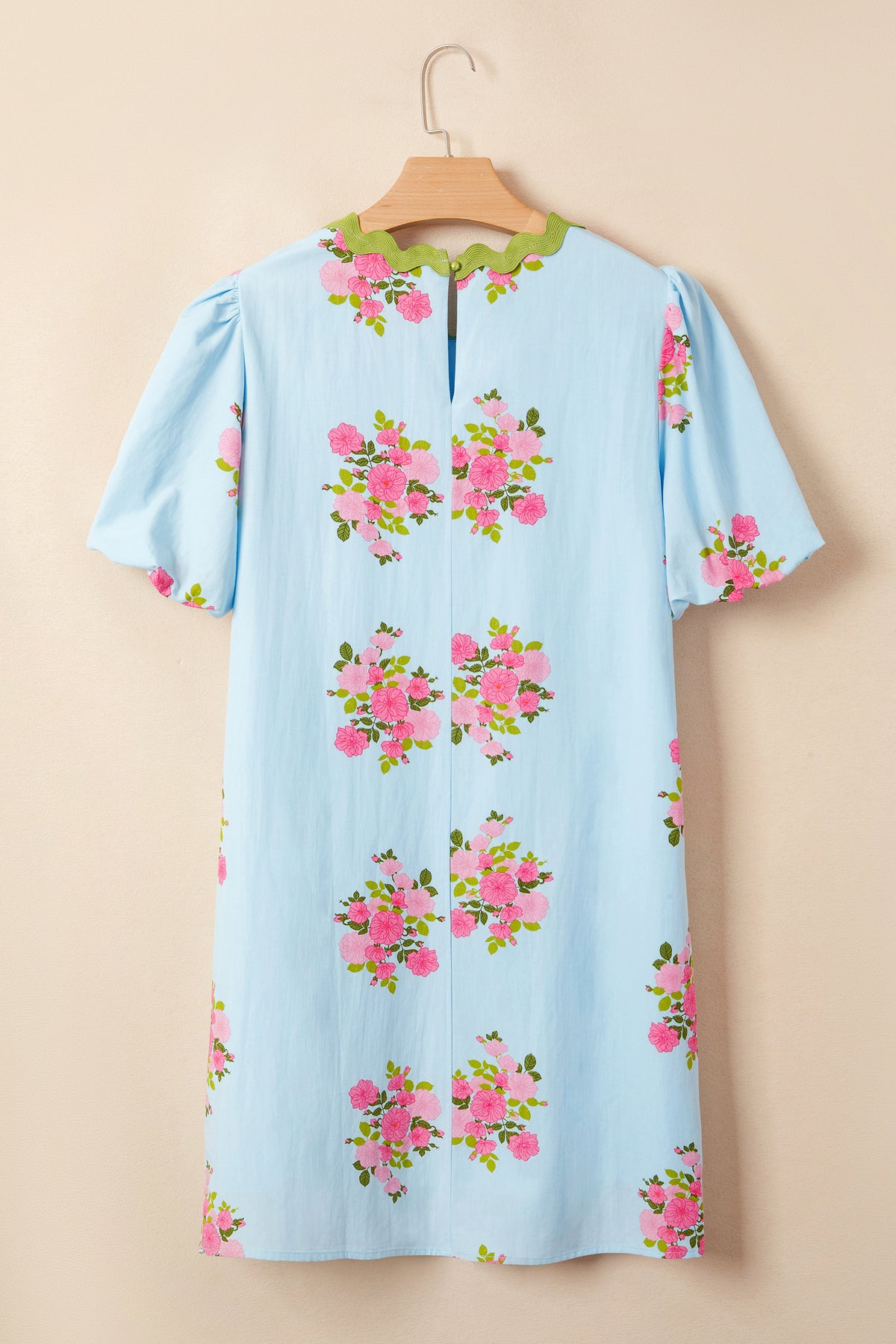 Sky Blue Floral Contrast Ricrac Detail Bubble Sleeve Dress