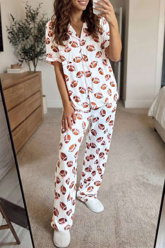 White Rugby Print Button Down Top and Pants Pajama Set
