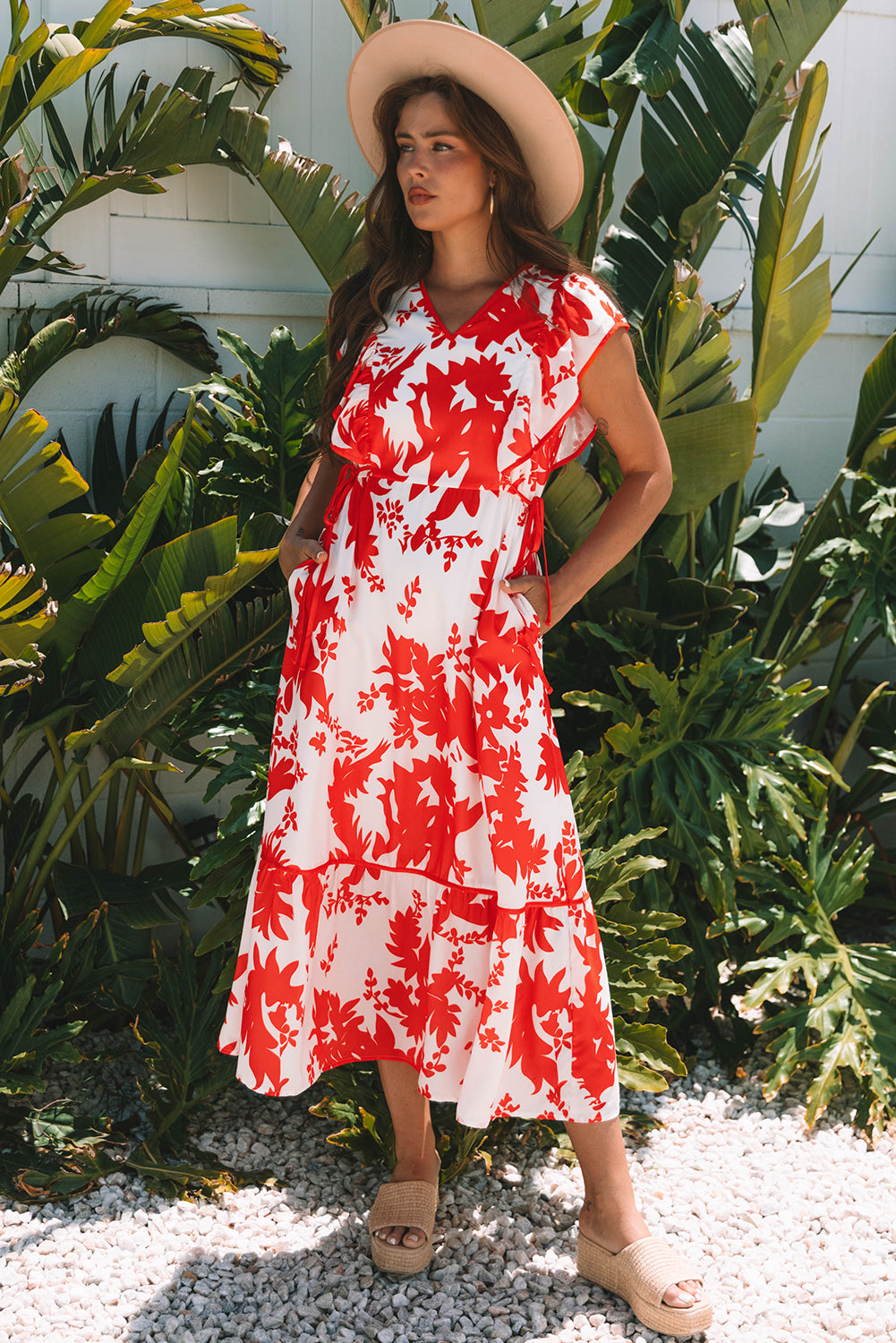 Red Floral Ruffle V-Neck Maxi Dress