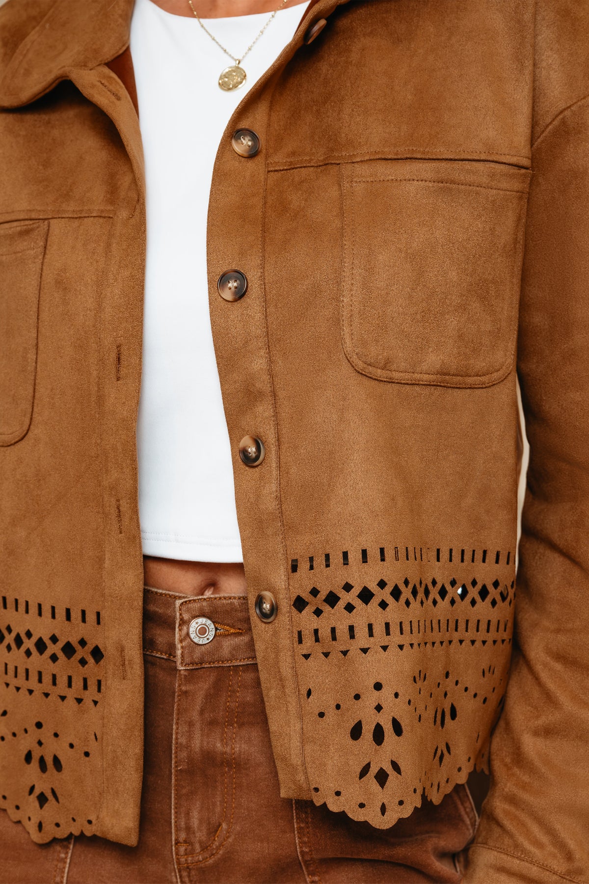 Thai Curry Solid Color Faux Suede Hollowed Detail Style Jacket