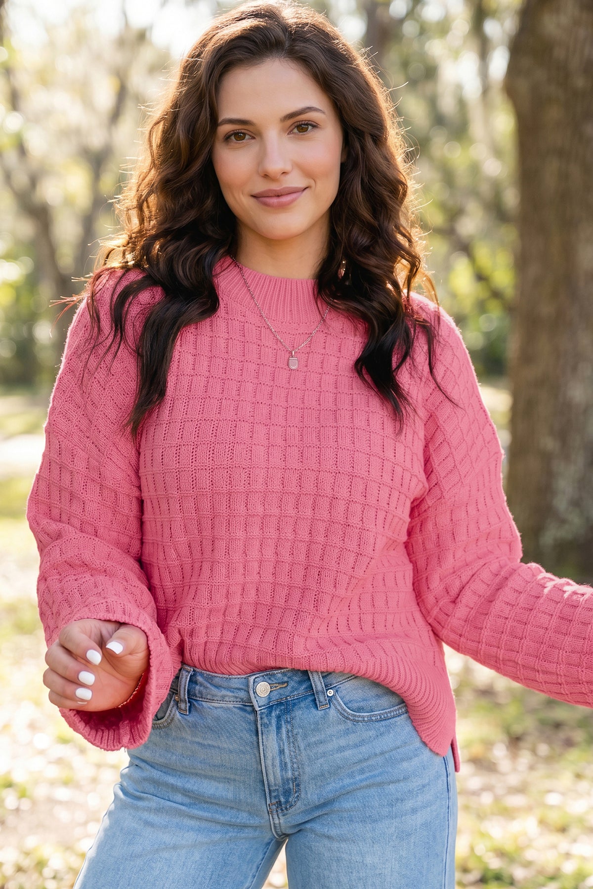 Peach Blossom Drop Shoulder Long Sleeve Knit Sweater