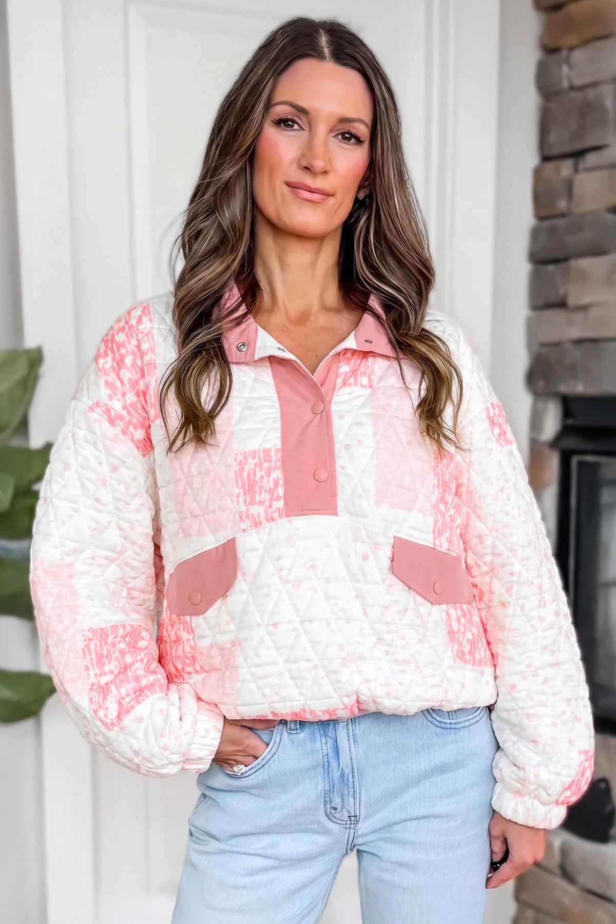 Multicolour Floral Quilted Half Button Pocketed Sweatshirt