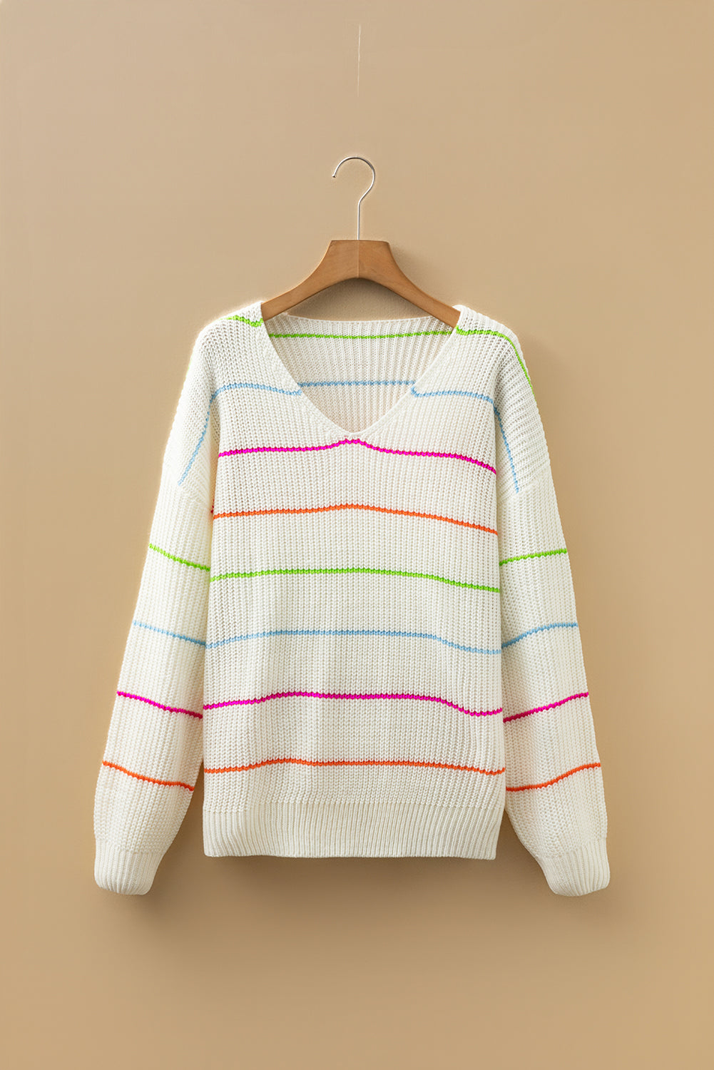 White Colorful Striped Detail V Neck Drop Shoulder Baggy Sweater