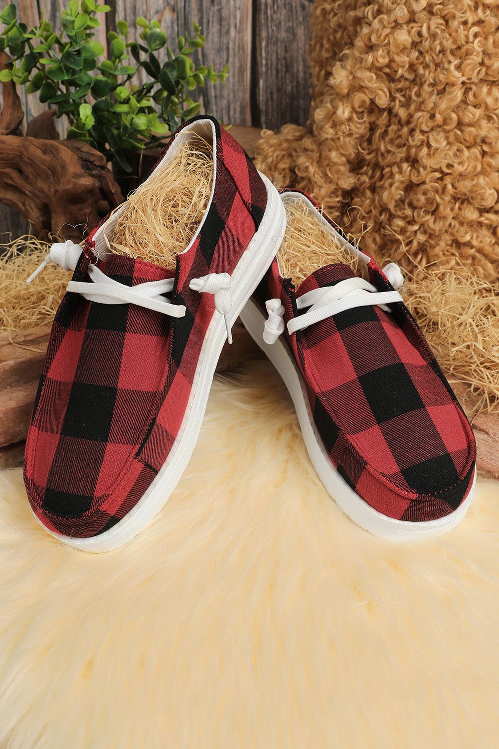 Fiery Red Vintage Plaid Lace-Up Sneakers