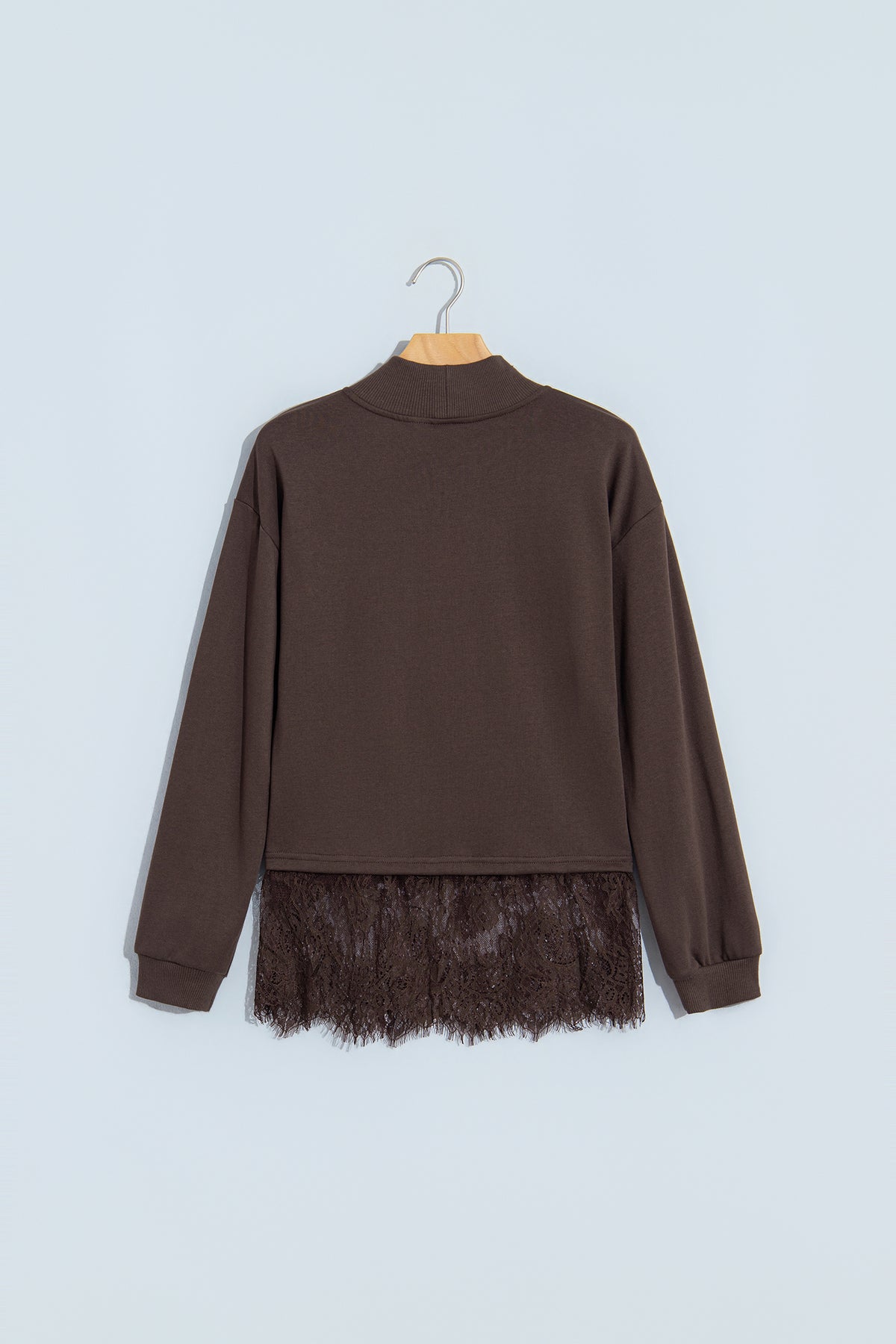 Coffee Solid Color High Neck Lace Splicing Hem Sweatshirt