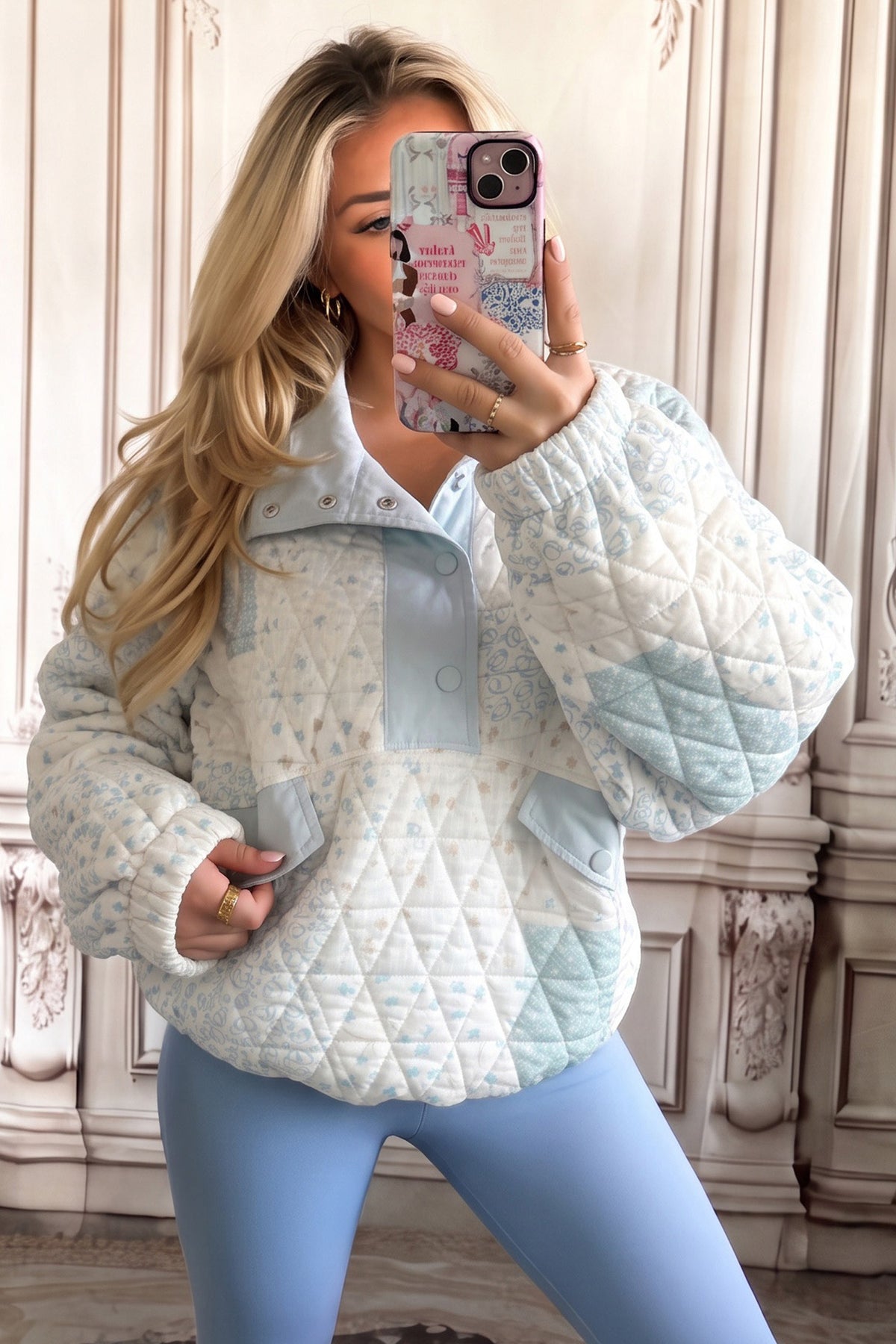 Multicolour Floral Quilted Half Button Pocketed Sweatshirt