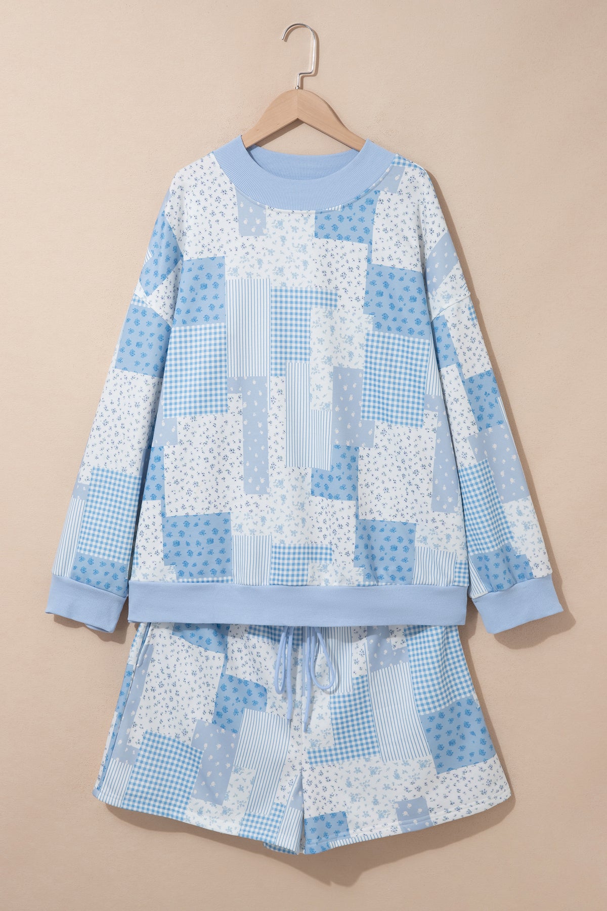 Sky Blue Patchwork Floral Print Stand Neck Long-Sleeve Two-piece Outfit Plus Size Set