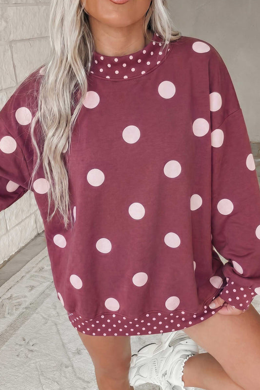 Red Polka Dot Print Contrast Oversized Tunic Sweatshirt