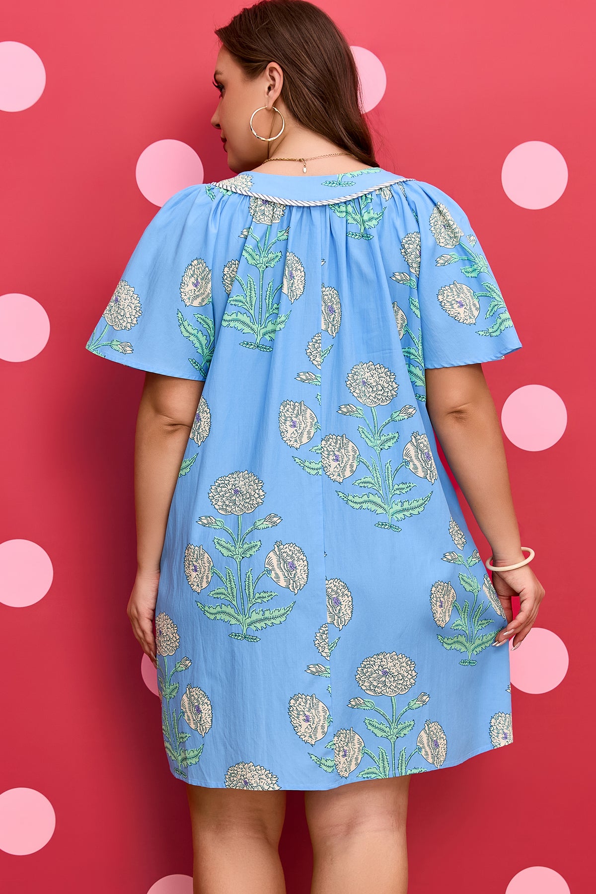 Sky Blue Plus Periwinkle Floral Printed Short-Sleeve Striped Trim Split Neck Mini Dress