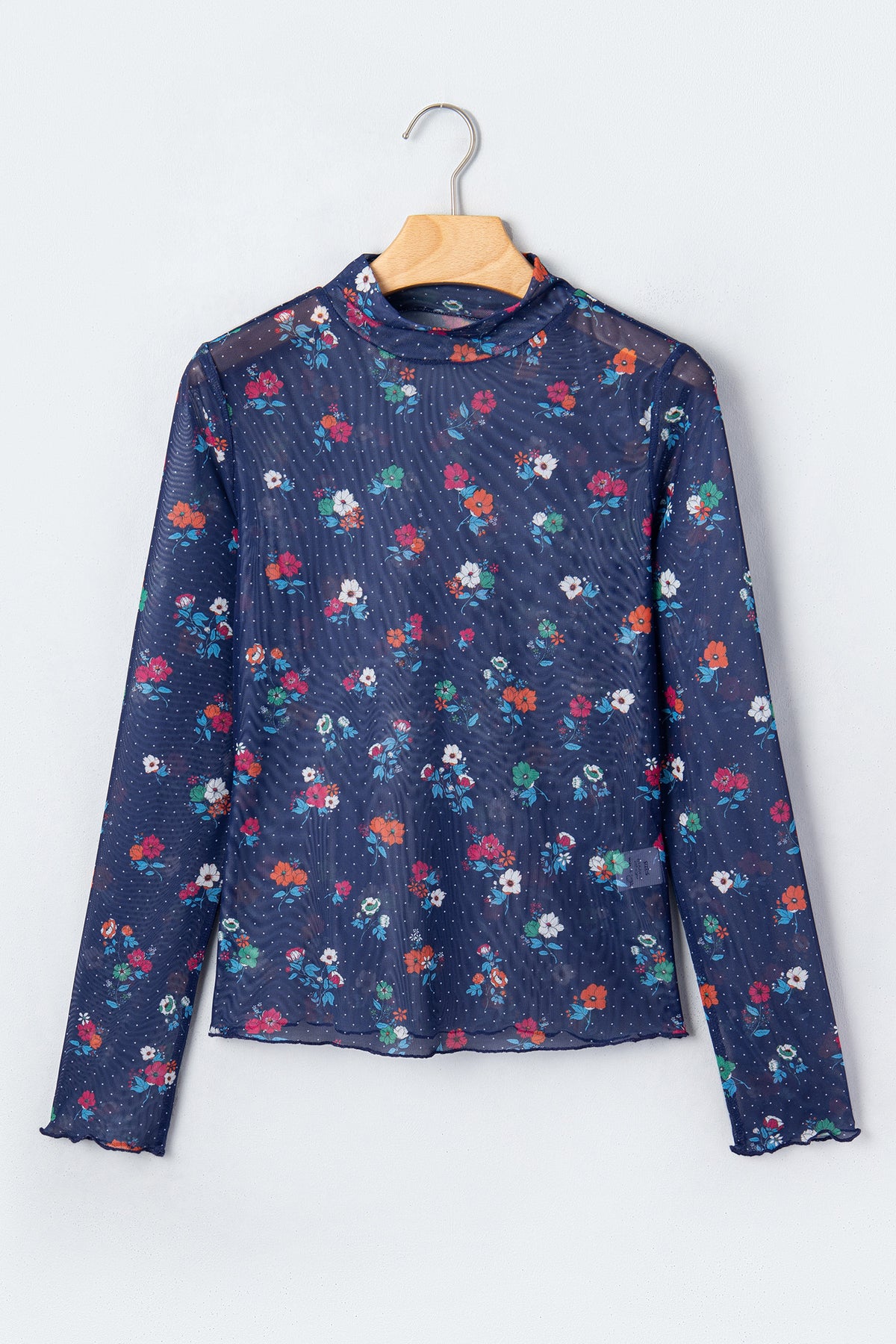 Blue Polka Dot Floral Mesh High Neck Sheath Top