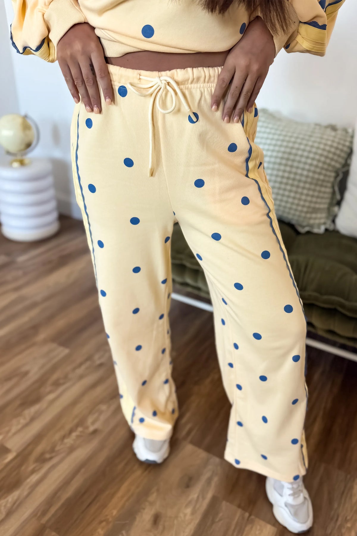 Yellow Polka Dot Top and Patchwork Wide Leg Pants Set