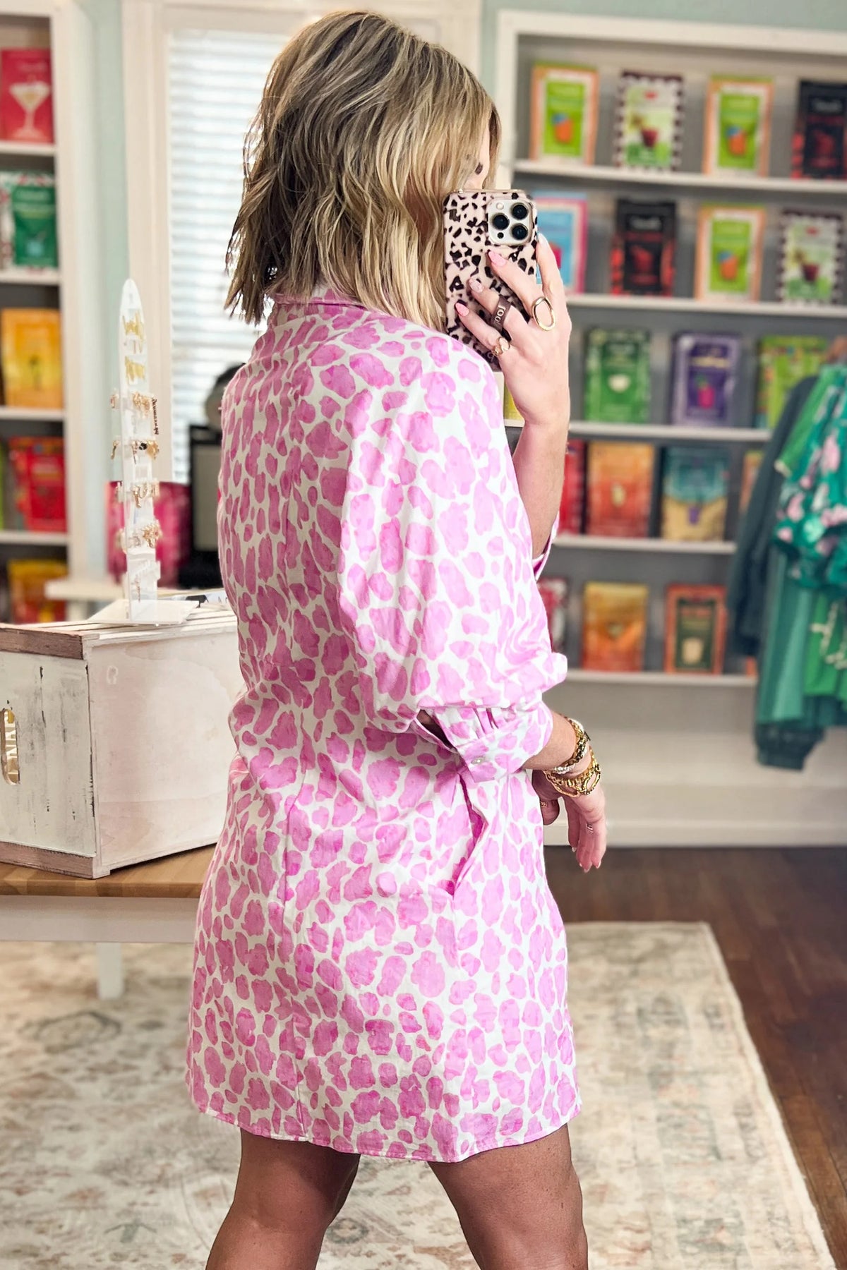 Pink Abstract Leopard Print Puff Sleeve Mini Shirt Dress