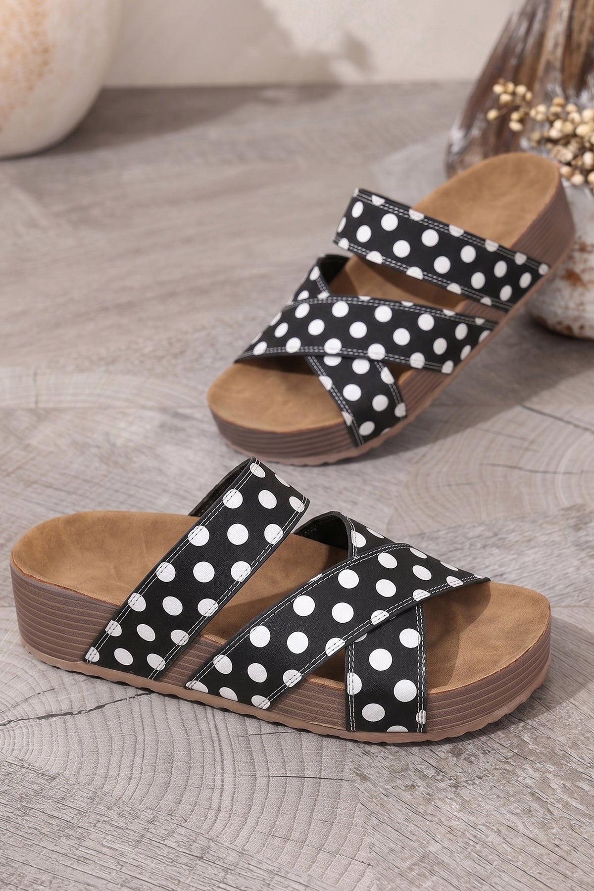 White Polka Dot Crossed Band Soft Suede Platform Sandals