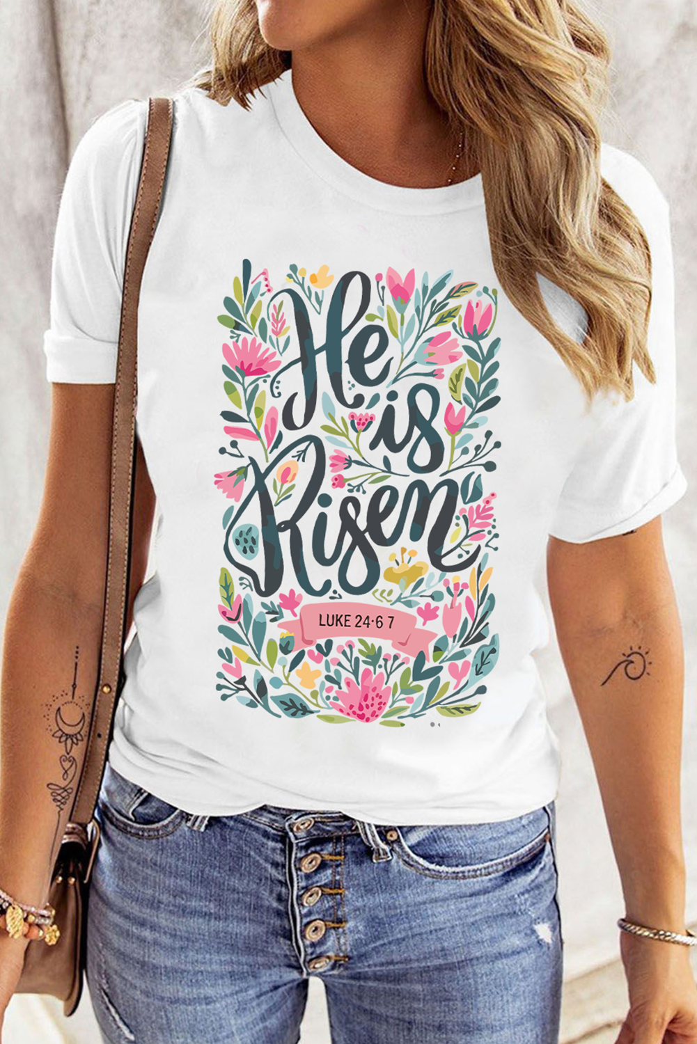 White He is Risen Floral Printed T-Shirt