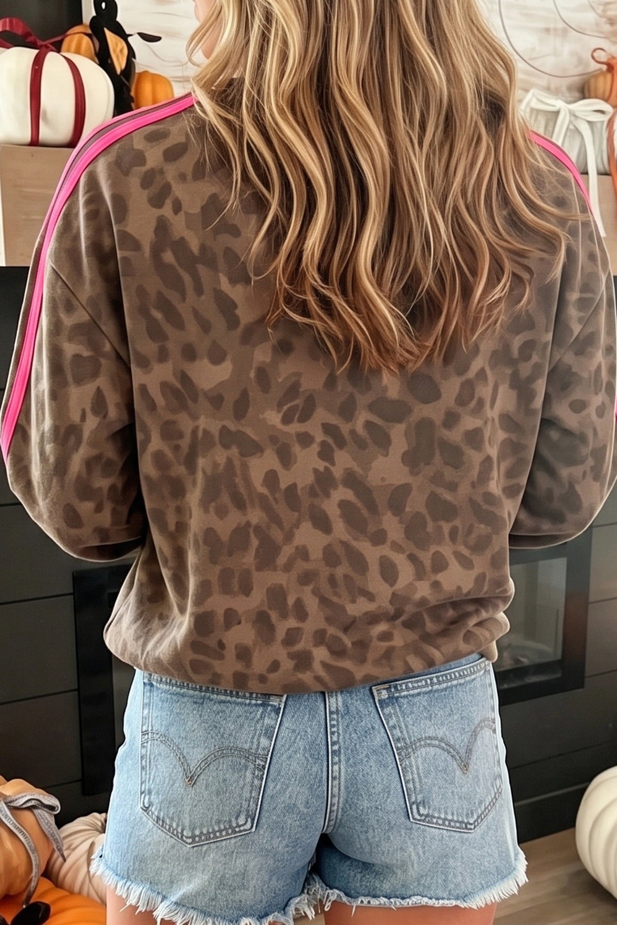 Brown Leopard Print Striped Pullover Sweatshirt