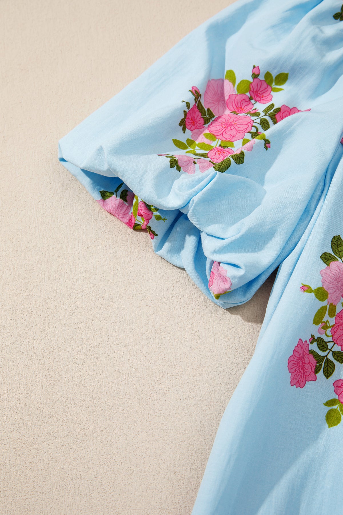 Sky Blue Floral Contrast Ricrac Detail Bubble Sleeve Dress