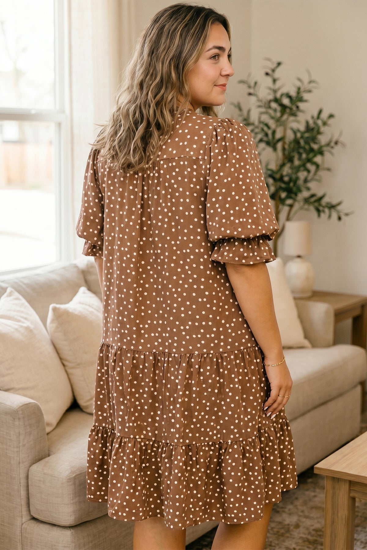 Brown V-Neck Polka Dot Long-Sleeve Shift Plus Size Dress