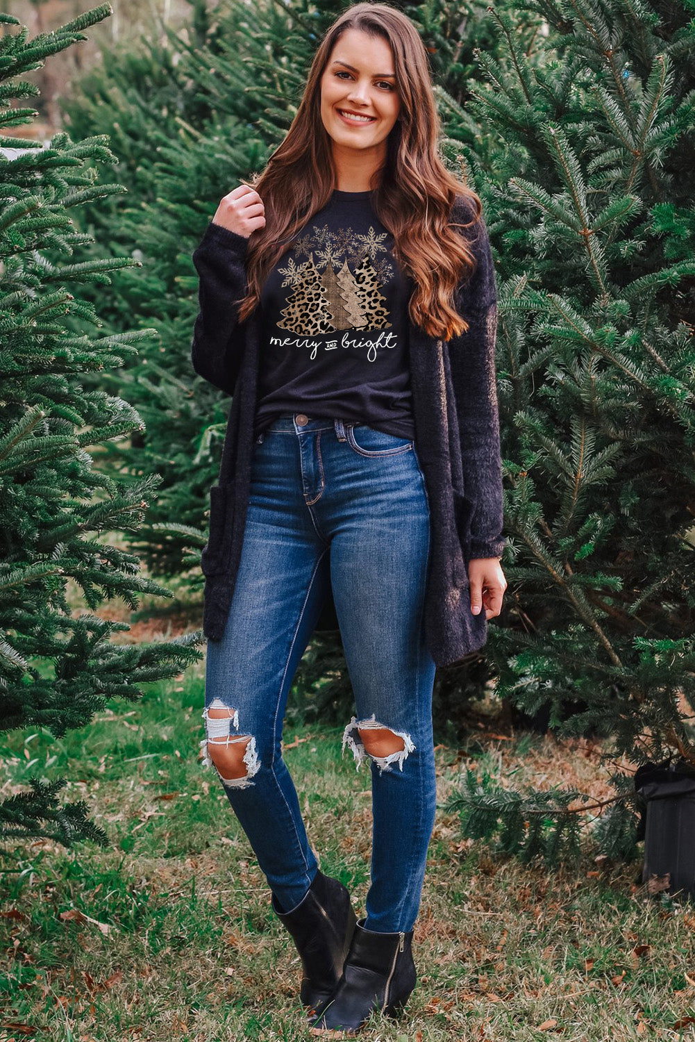 Black Leopard Christmas Tree Graphic Crew Neck T-Shirt