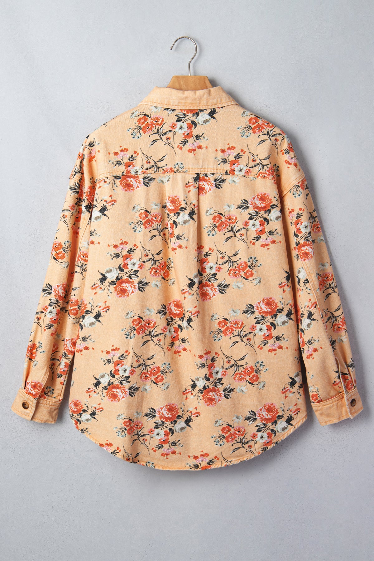 Khaki Floral Print Long Sleeve Denim Jacket Tunic Length Daily Wear