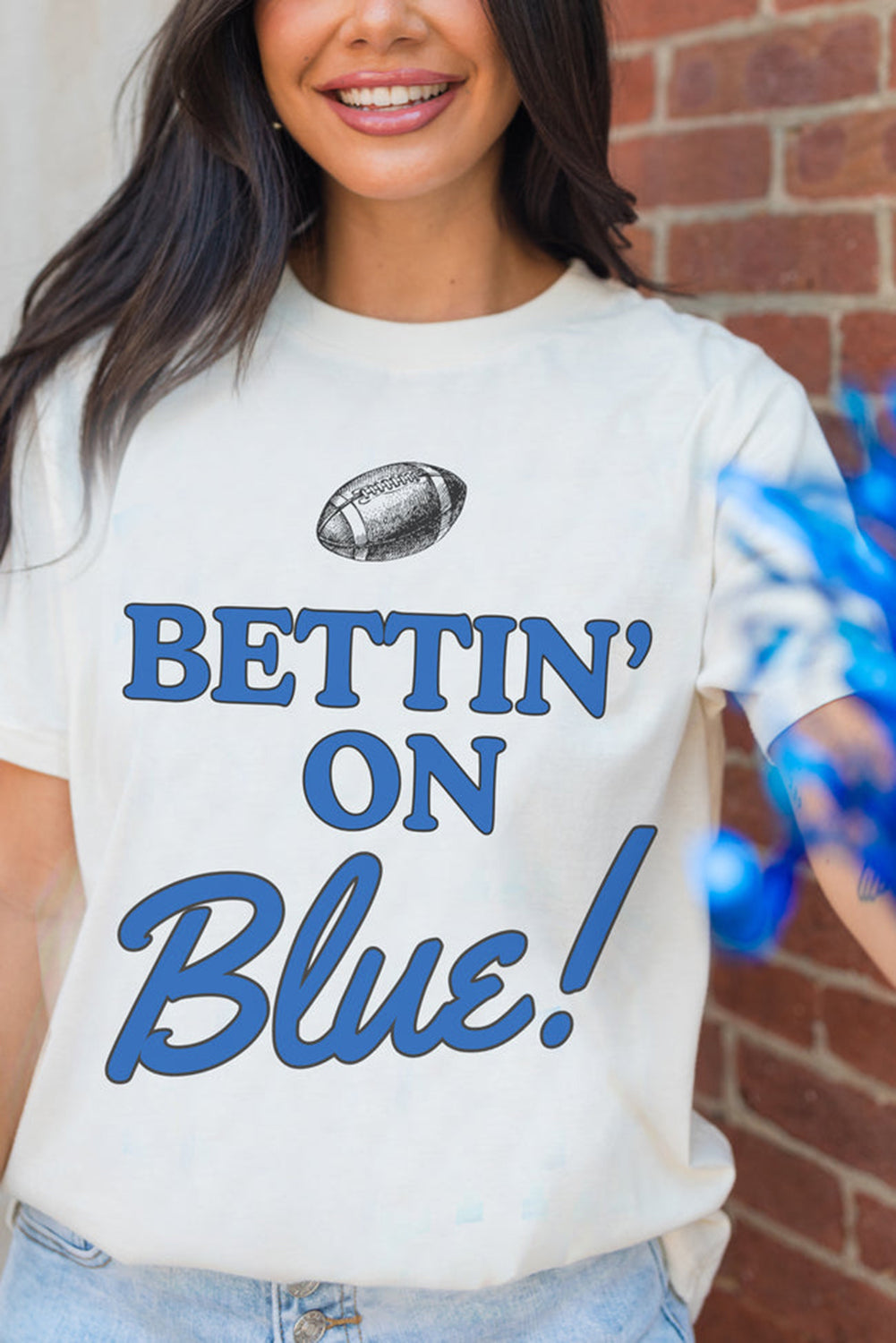 White Rugby Football BETTIN ON Blue Graphic Crewneck T-Shirt