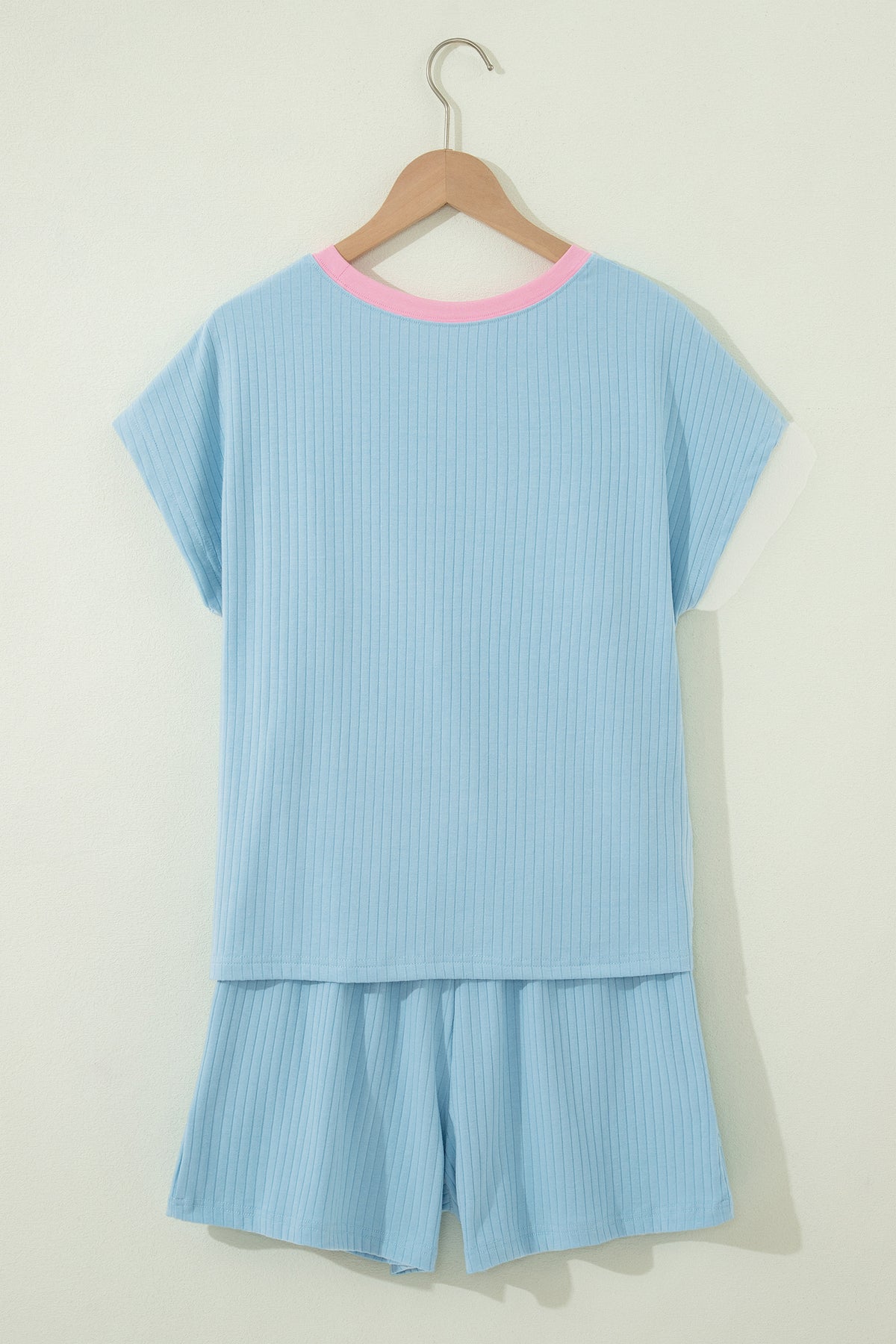 Women's Mist Blue Soft Ribbed Color Block Trim Casual Shorts Set