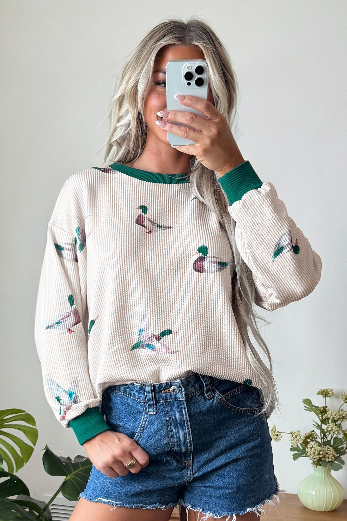 Beige Twisted Ribbed Duck Print Crewneck Top