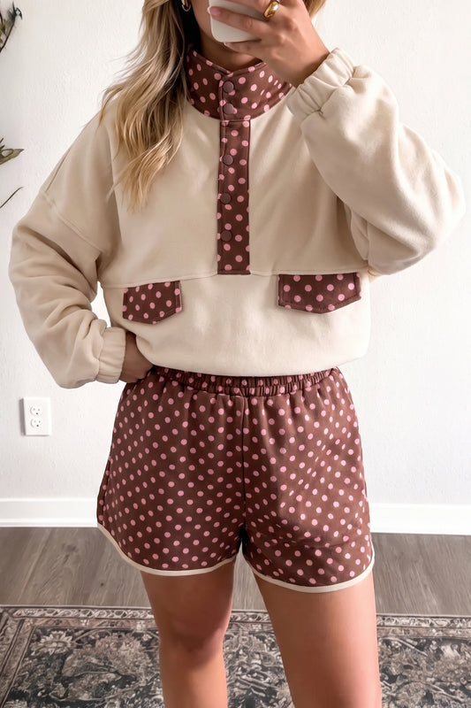 Brown Polka Dot Contrast Baggy Pullover and Elastic Waist Shorts Set
