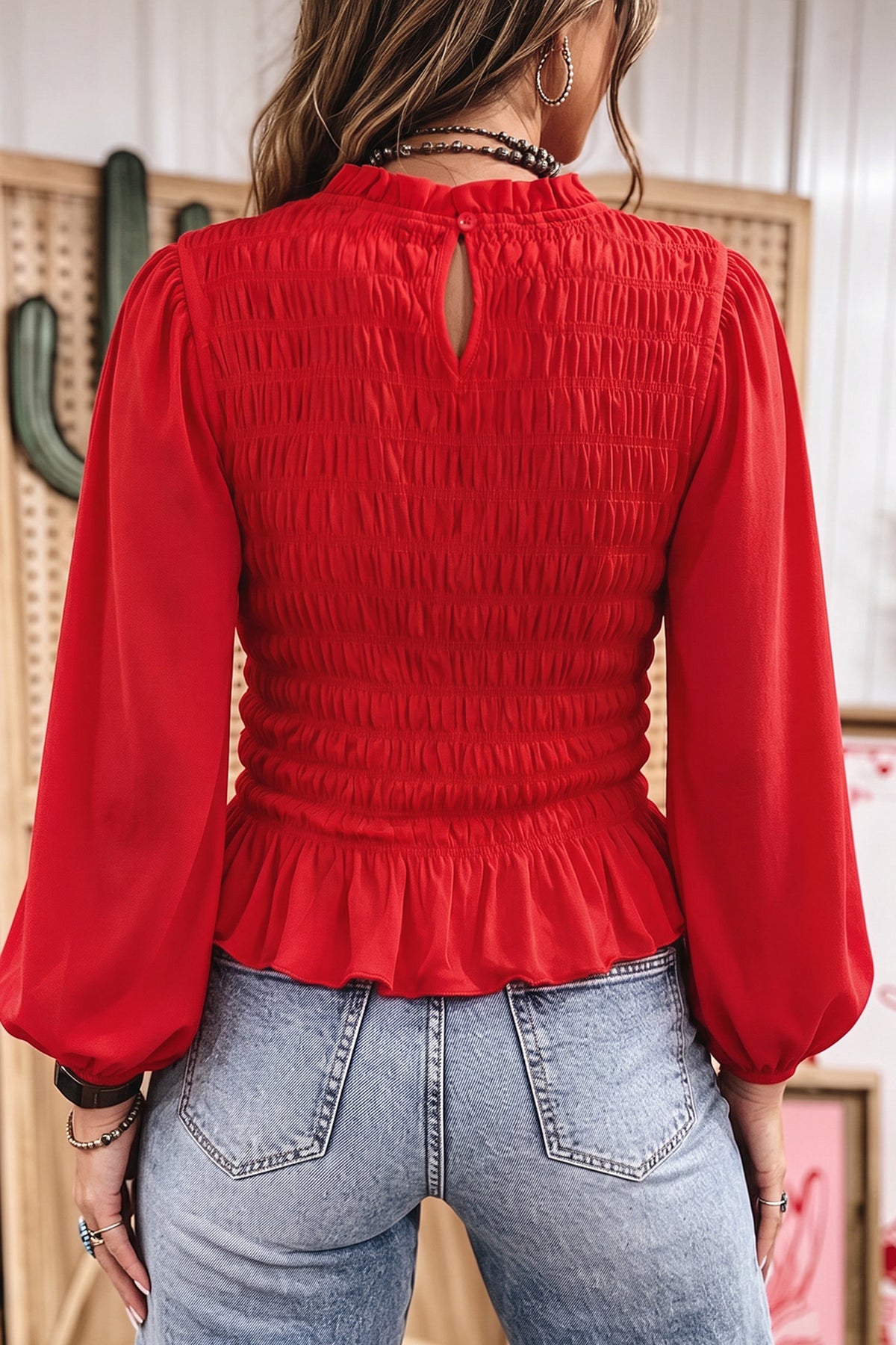 Coffee Solid Color Smocked Ruffle Hem Blouse