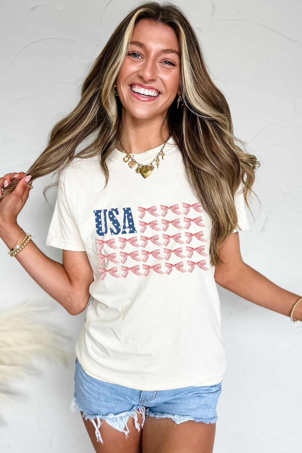 White USA Flag Bow Knot Print Round Neck T-Shirt