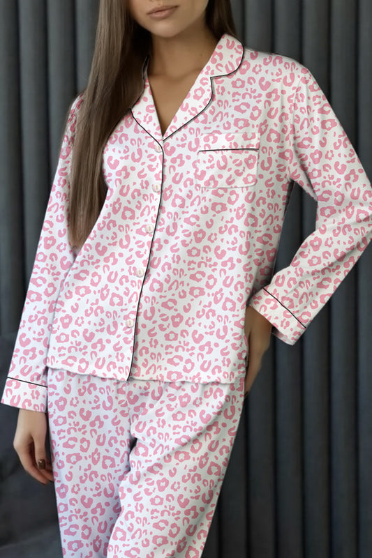 Pink Leopard Print Long Pajama Set