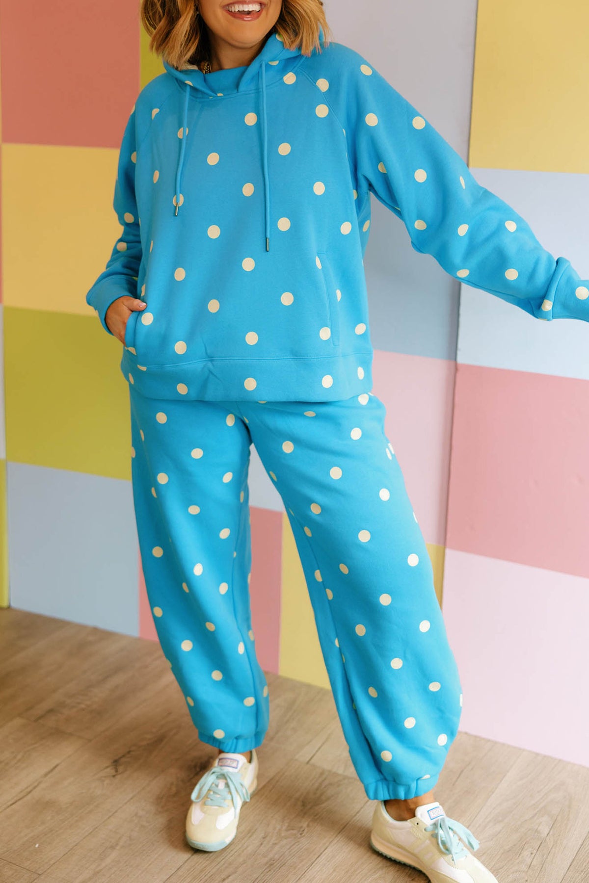 Blue Polka Dot Hooded Drawstring Long-Sleeve Plus Size Set