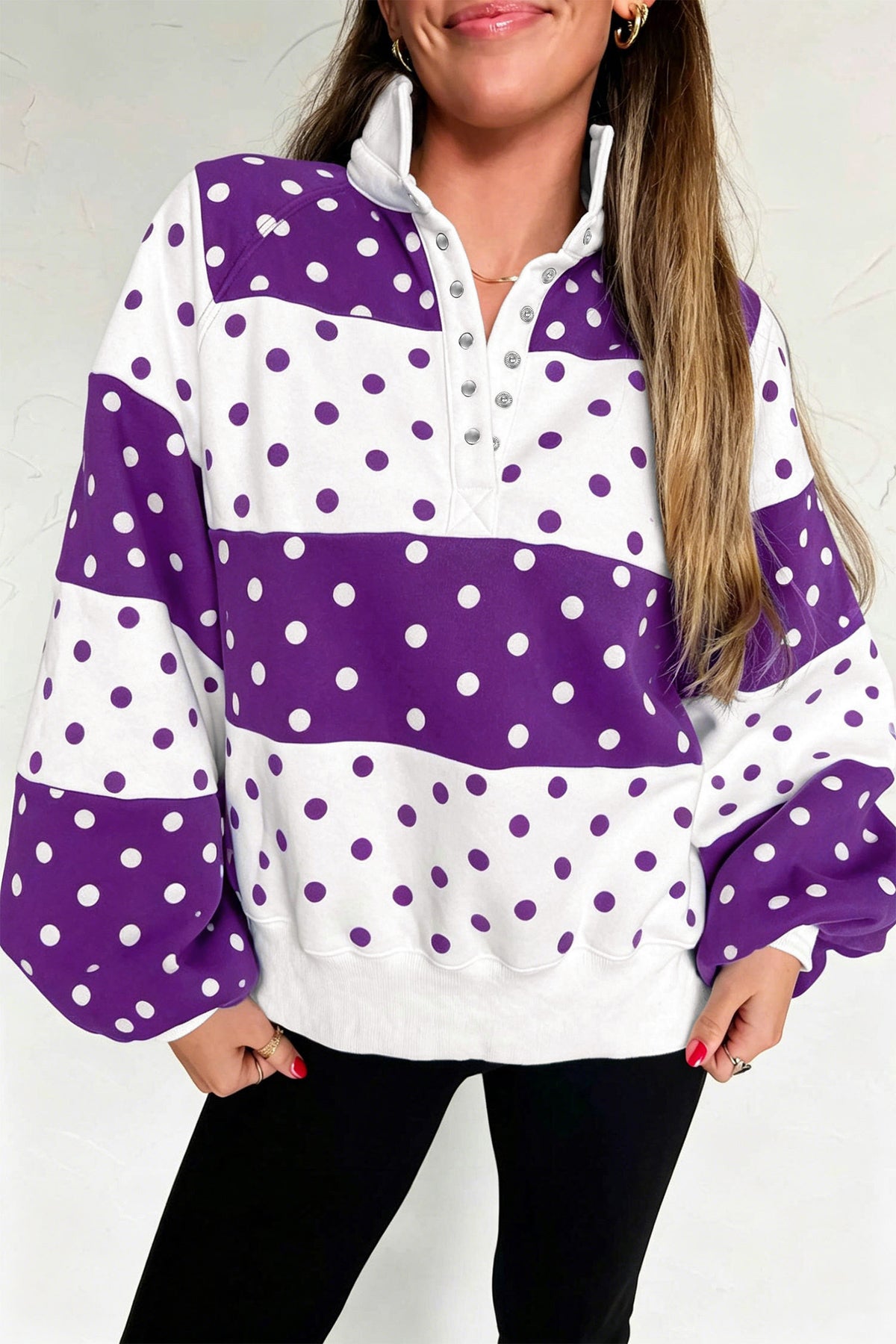 Blue Polka Dot Color Block Half Zip Puff Sleeve Sweatshirt