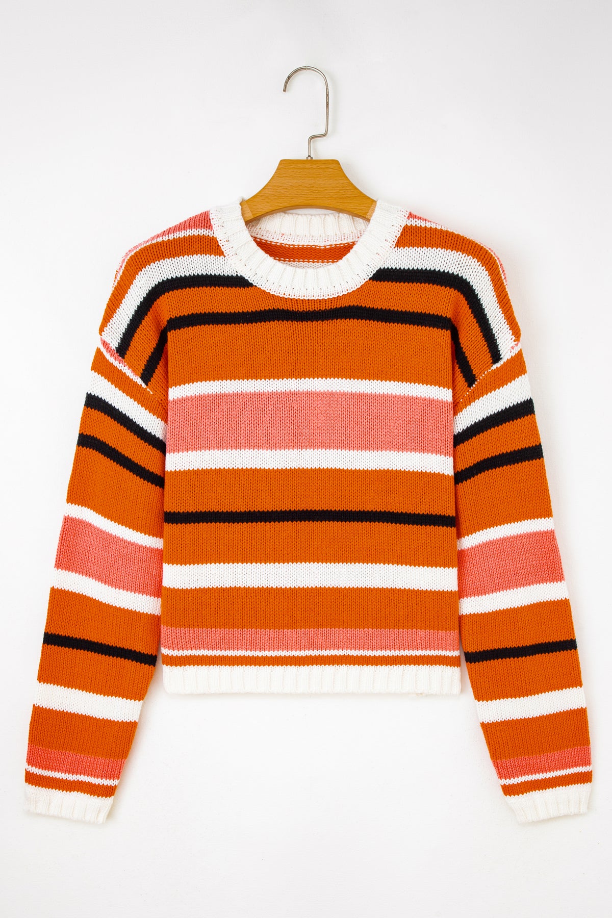 Orange Stripe Drop Shoulder Cropped Pullover Sweater