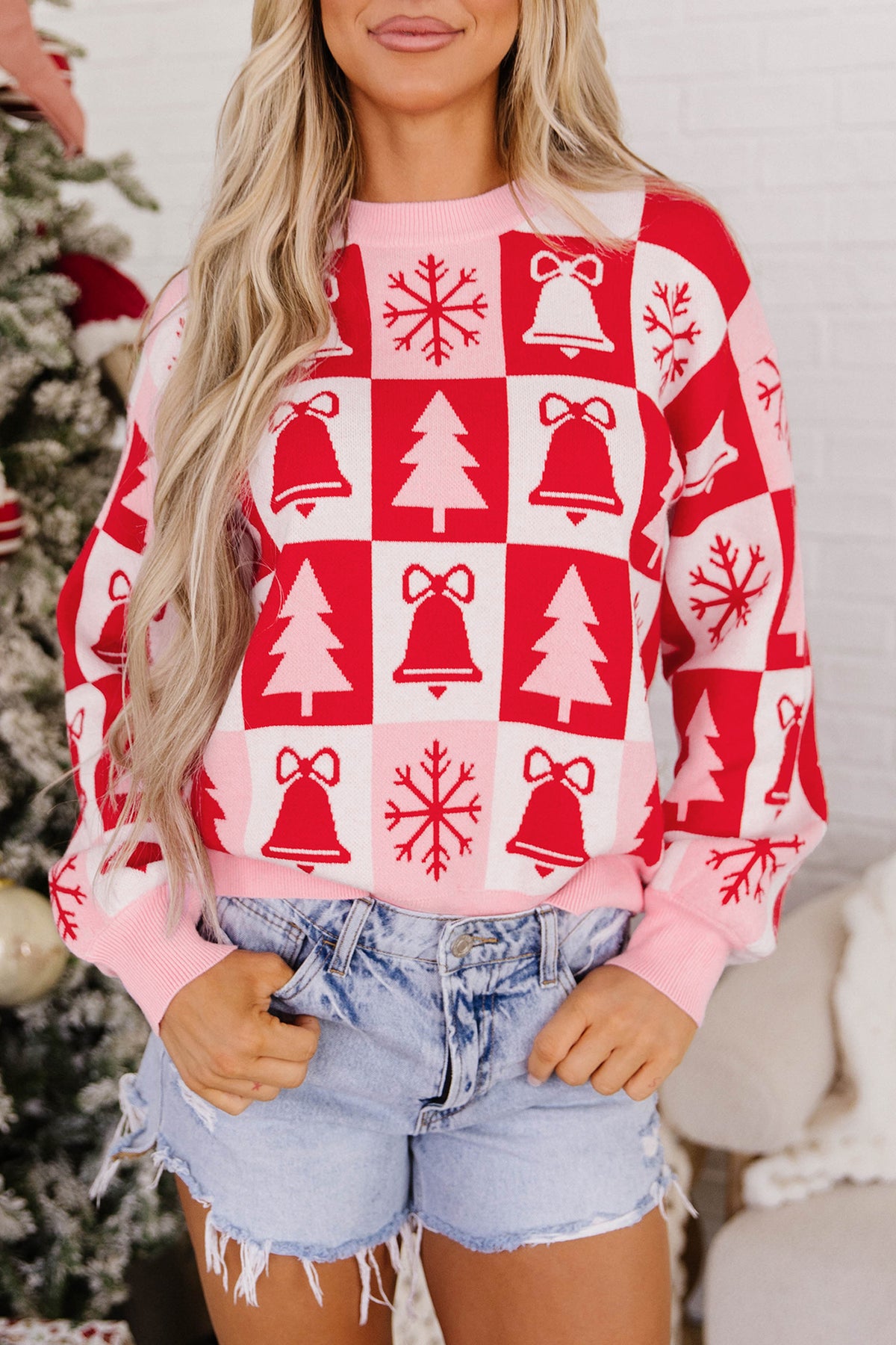 Pink Christmas Plaid Pullover Round Neck Long Sleeve Fit Tunic Knitwear Sweater