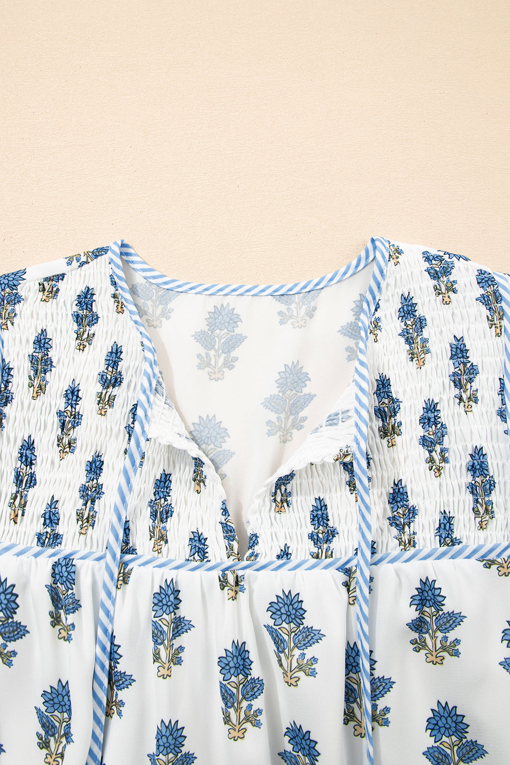 Sky Blue Floral Puff Sleeve Tied Neck Pocketed Mini Dress