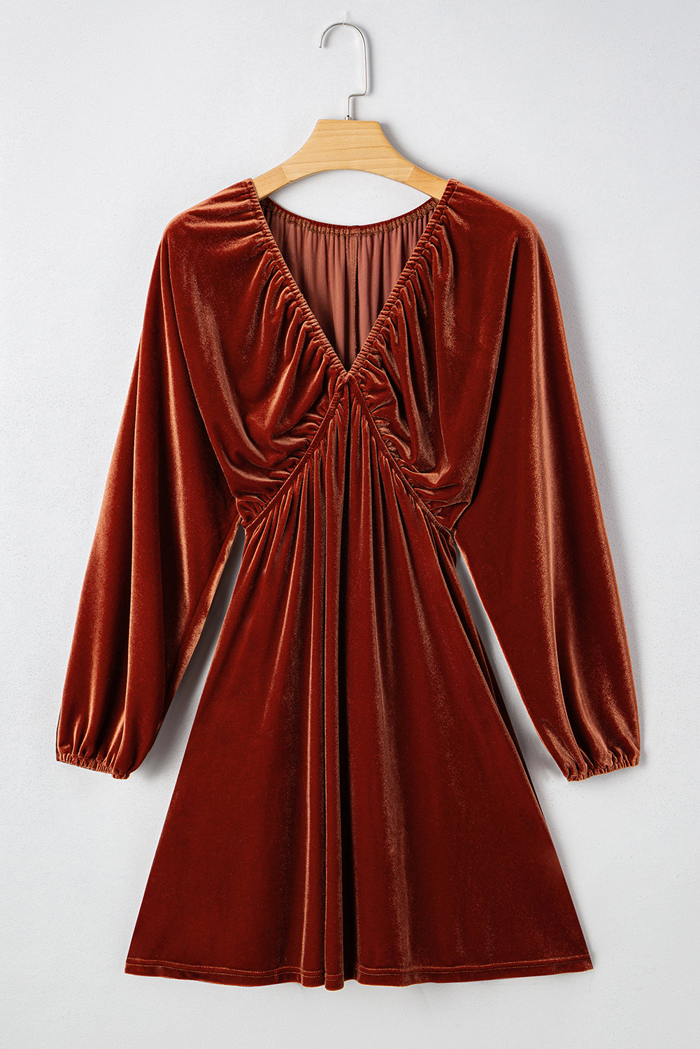 Clay Elastic V Neck Puff Sleeve Short Velvet Dress