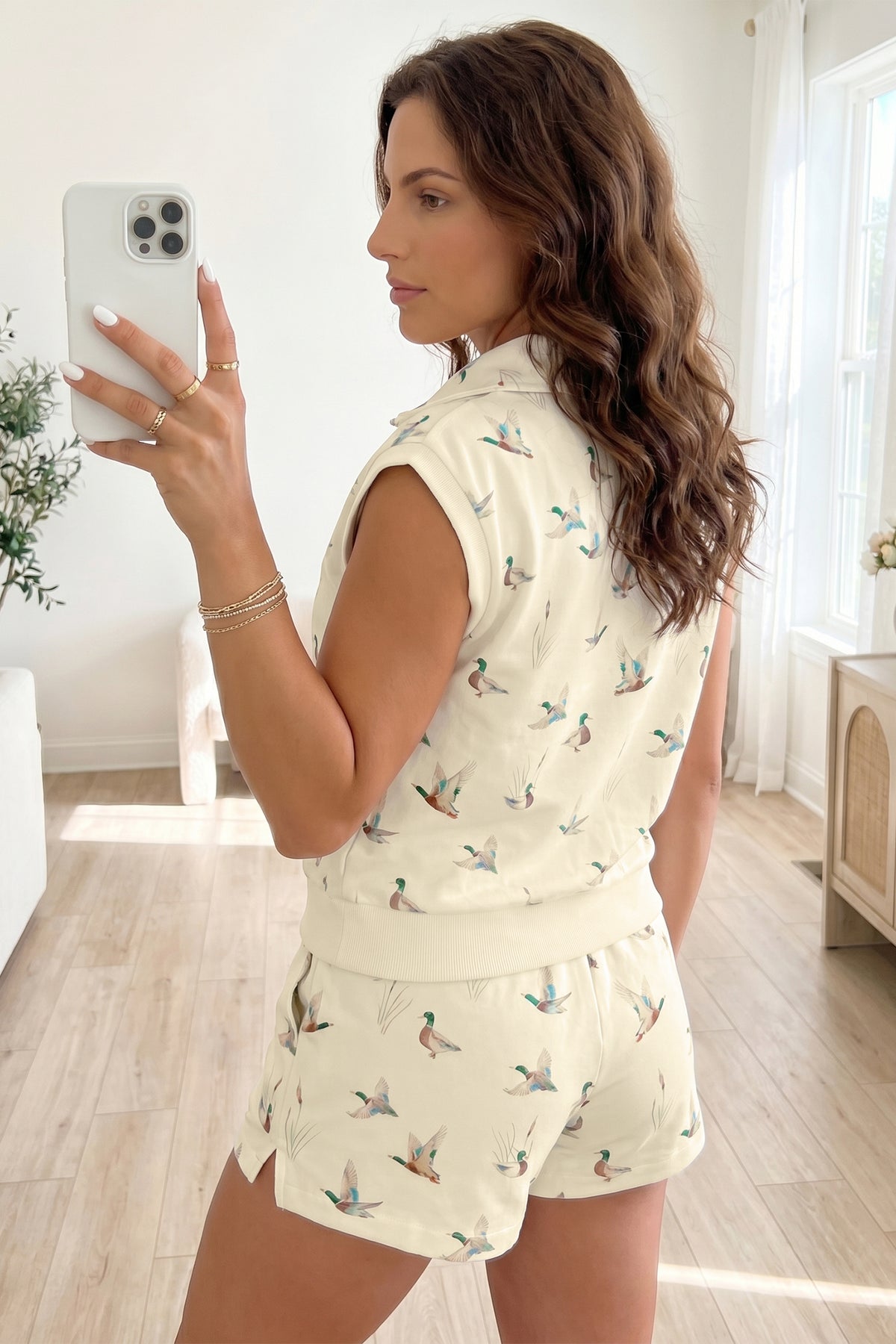 Women's Beige Mallard Printed Zip Polo Tee Drawstring Shorts Set