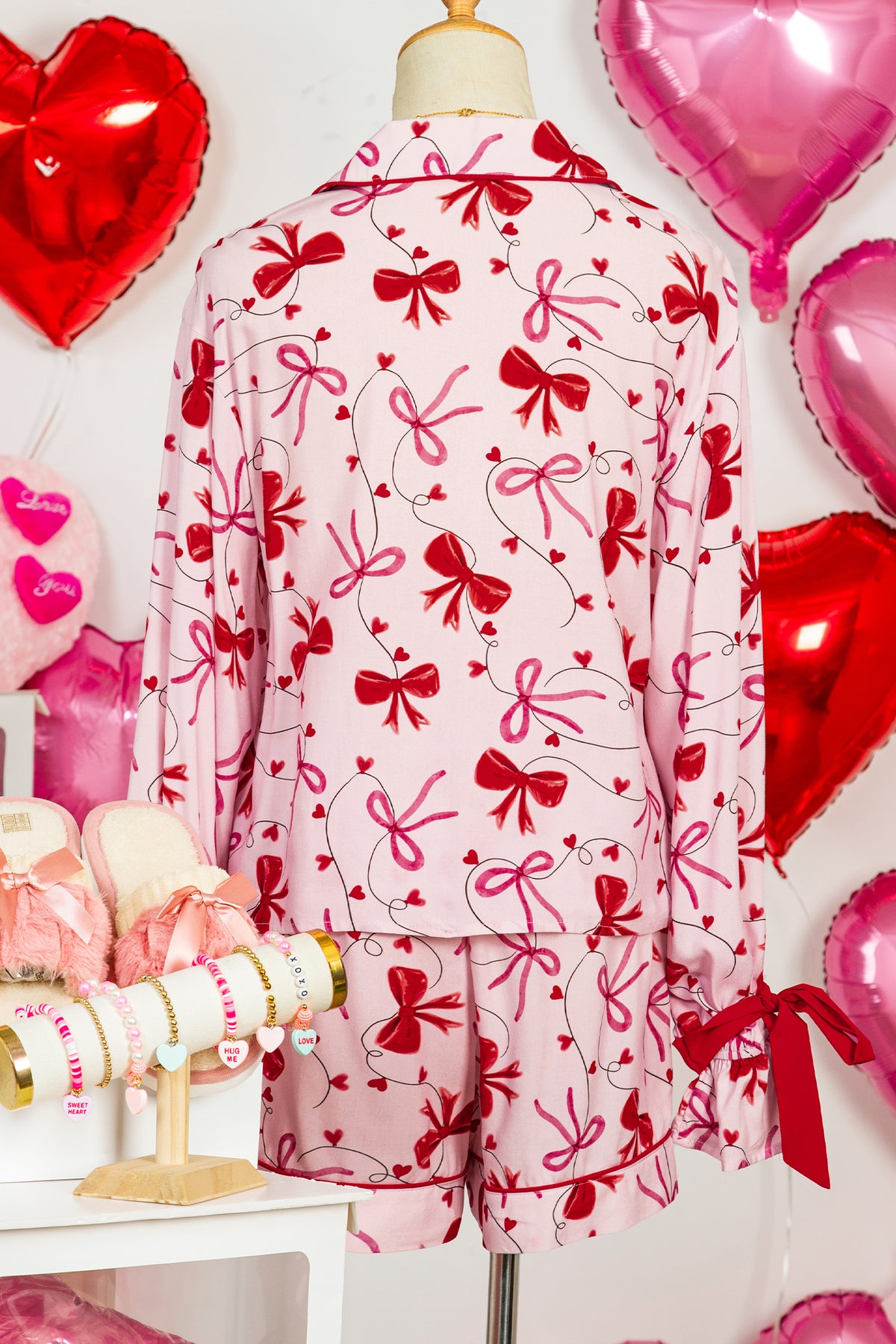 Red Bow Print Valentine Long Sleeve Shirt Shorts Pajama Set