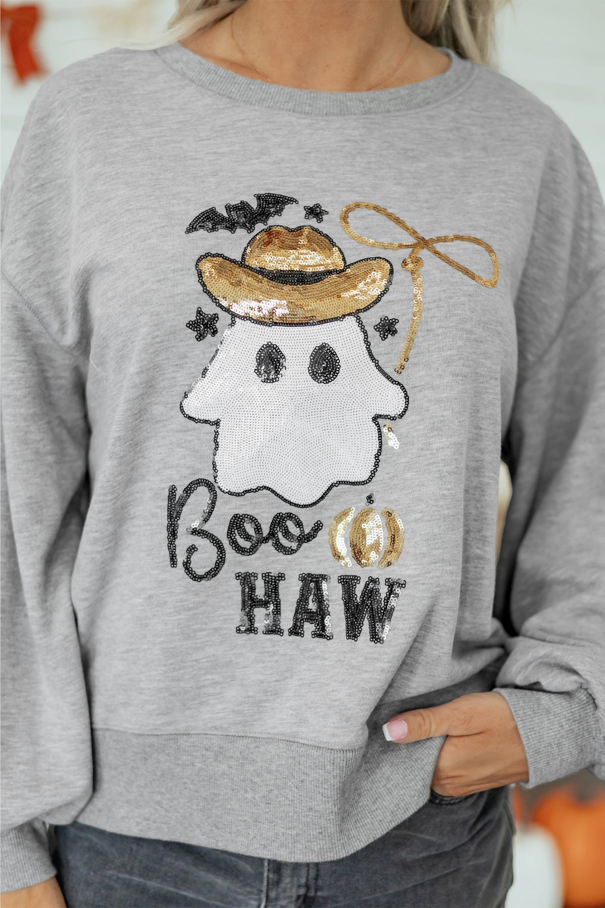 Medium Grey Sequin Western Ghost Print Round Neck Sweatshirt