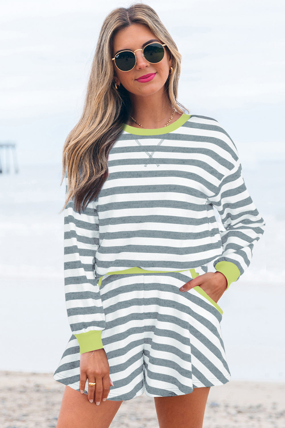 Women's Gray Stripe Contrast Ribbed Banding Long-Sleeve Blouse Shorts Set