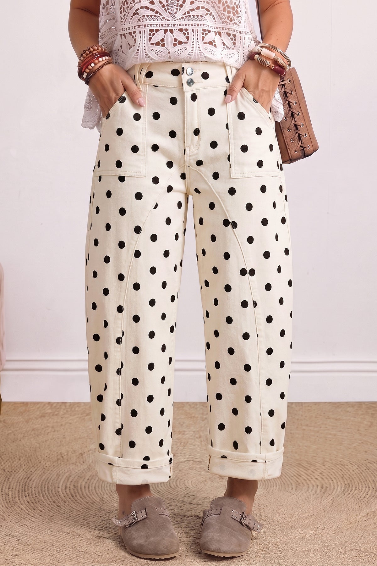 White Polka Dot Curved Ankle Denim Pants