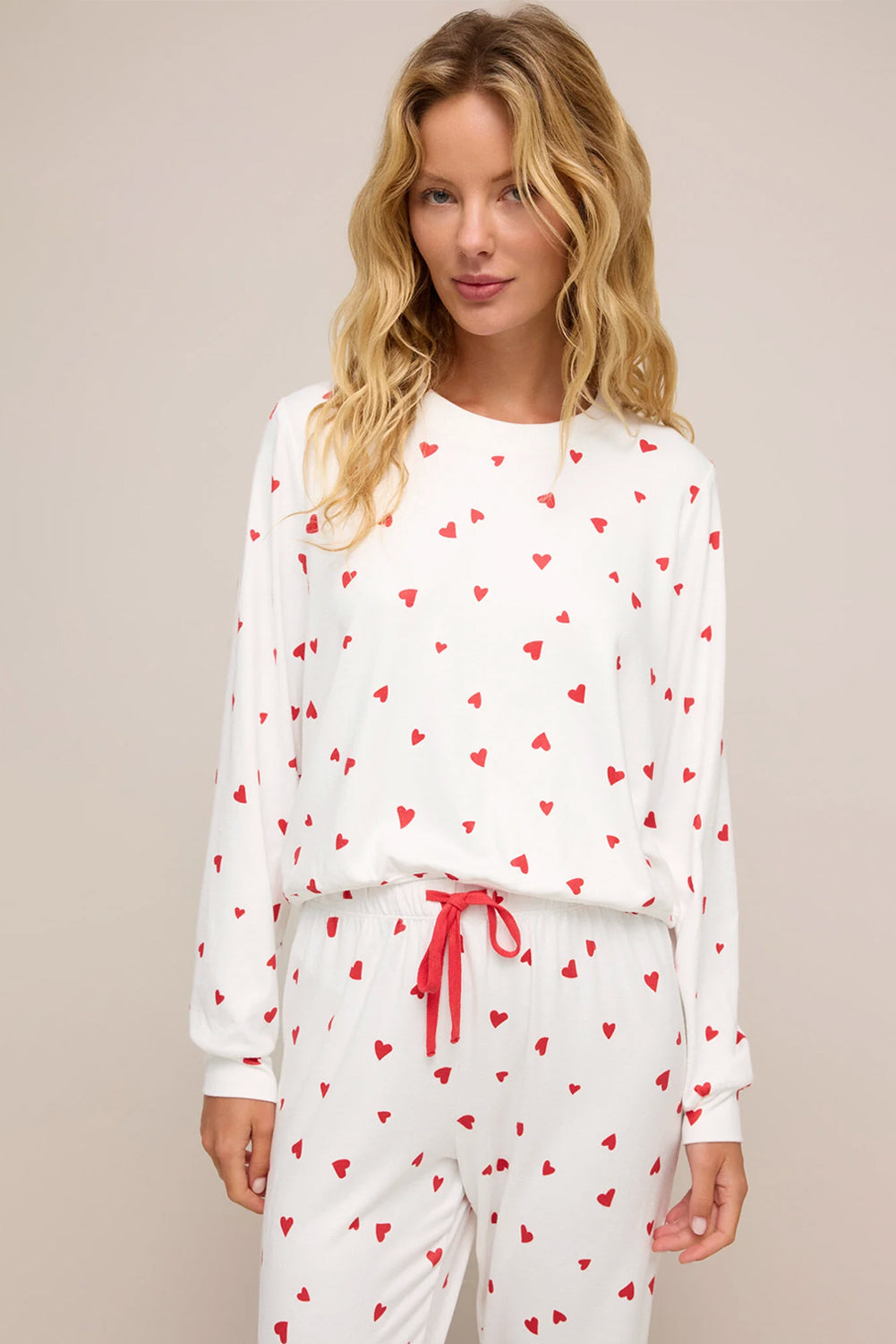 Fiery Red Tiny Hearts Long Sleeve Top Drawstring Lounge Pant Set