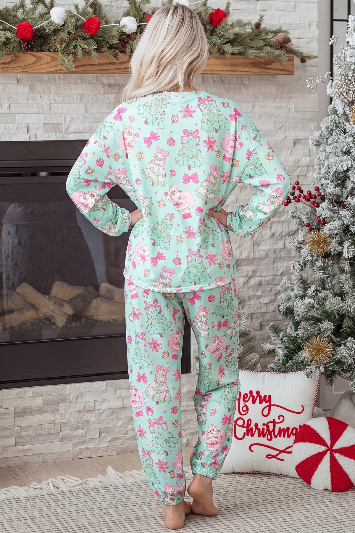 Green Abstract Print Long Sleeve Lounge Set