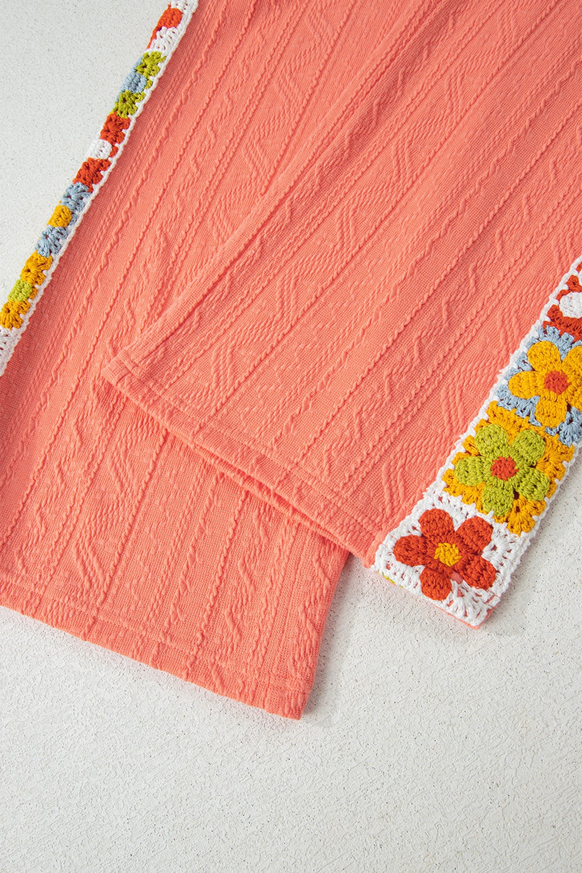 Women's Grapefruit Orange Crochet Floral Accent V-Neck Textured Pants Set