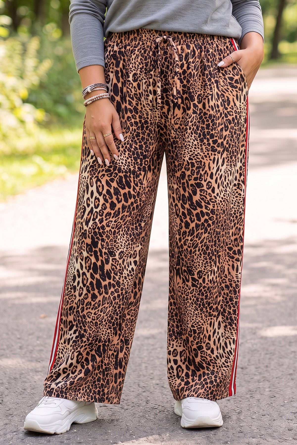 Khaki Leopard Print Color-Block Side Stripes Wide-Leg Full-Length Plus Size Pants