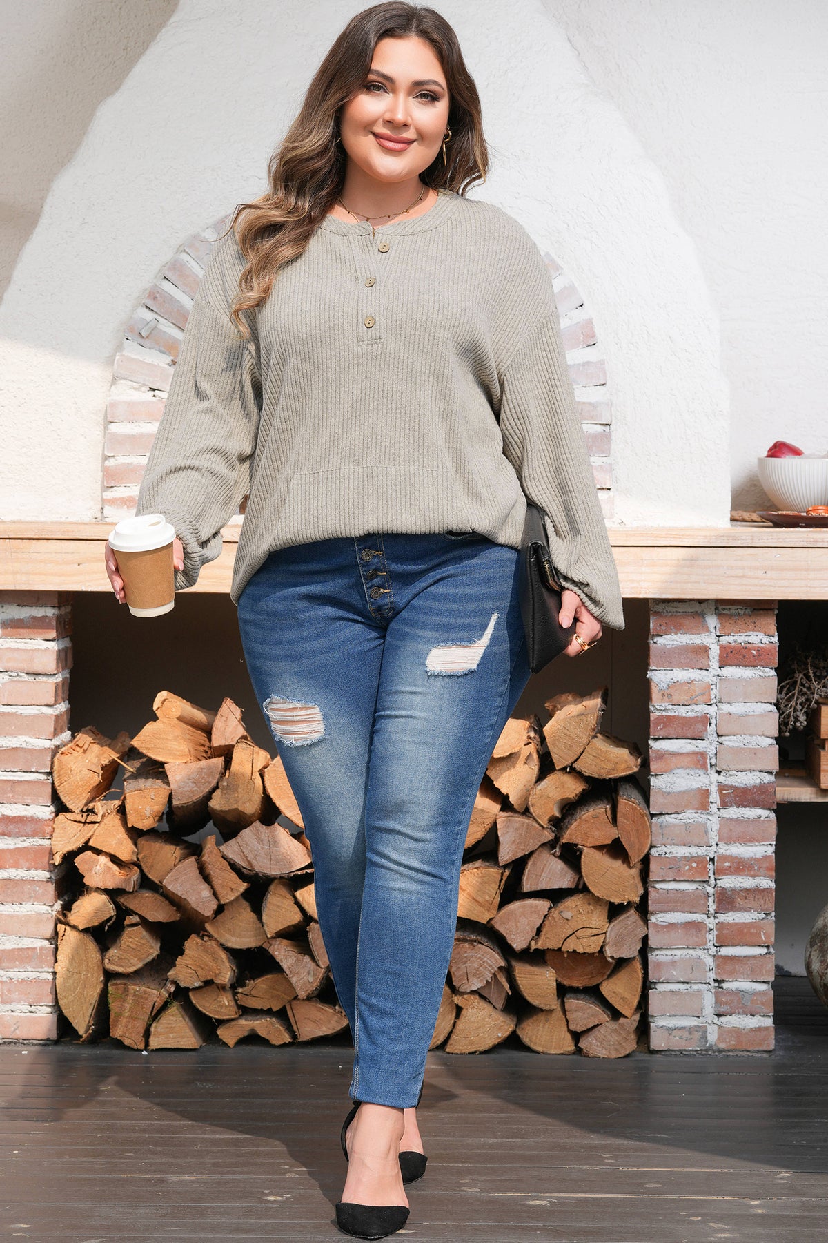 Simply Taupe Plus Size Ribbed Knit Kangaroo Pocket Henley Long-Sleeve Top