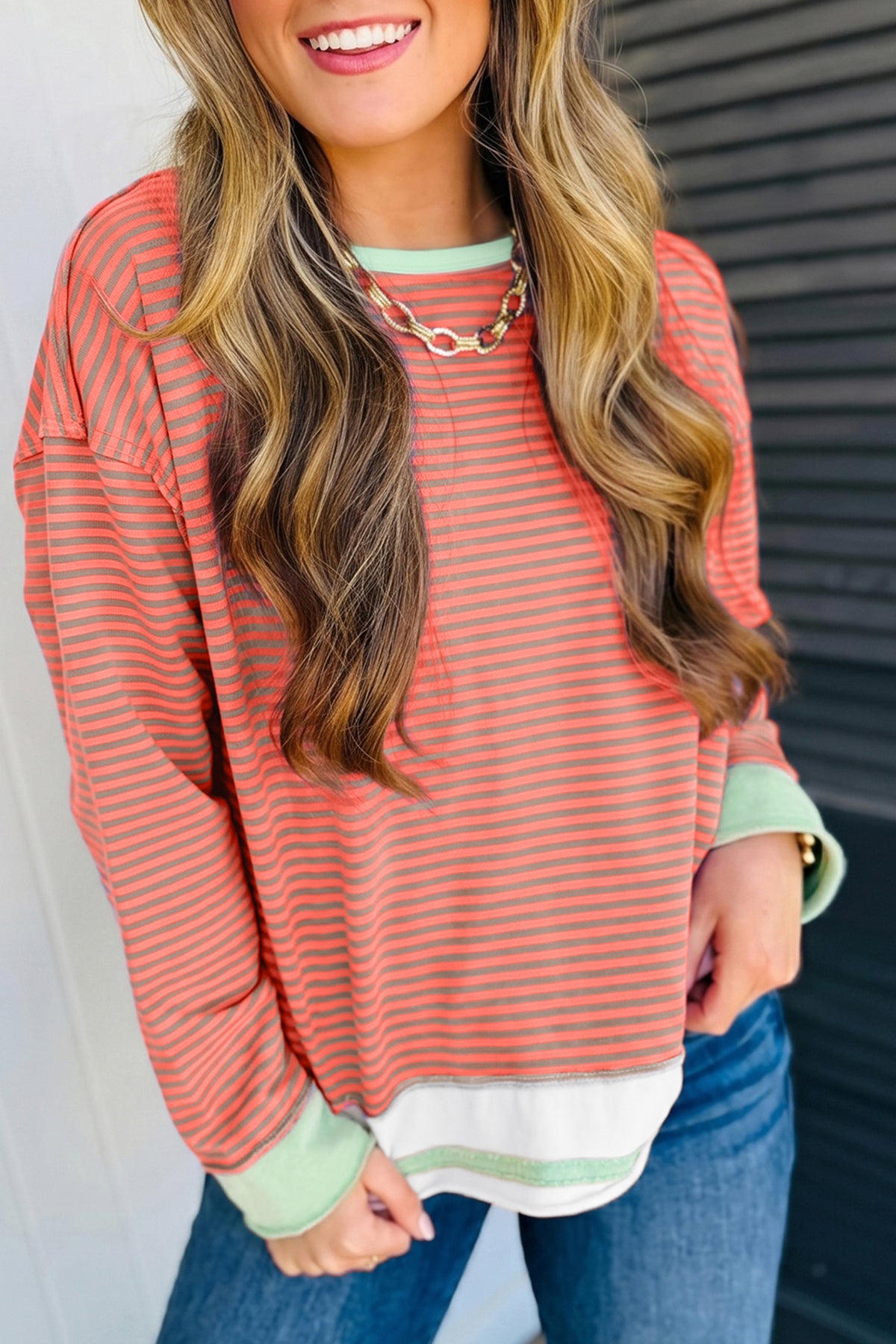 Orange Stripe Colorblock Raw Seam Long Sleeve Top