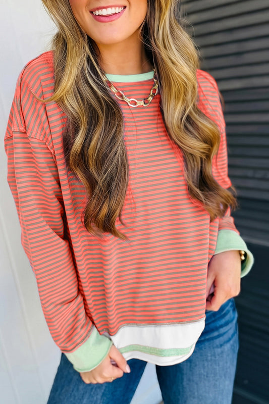 Orange Stripe Colorblock Raw Seam Long Sleeve Top