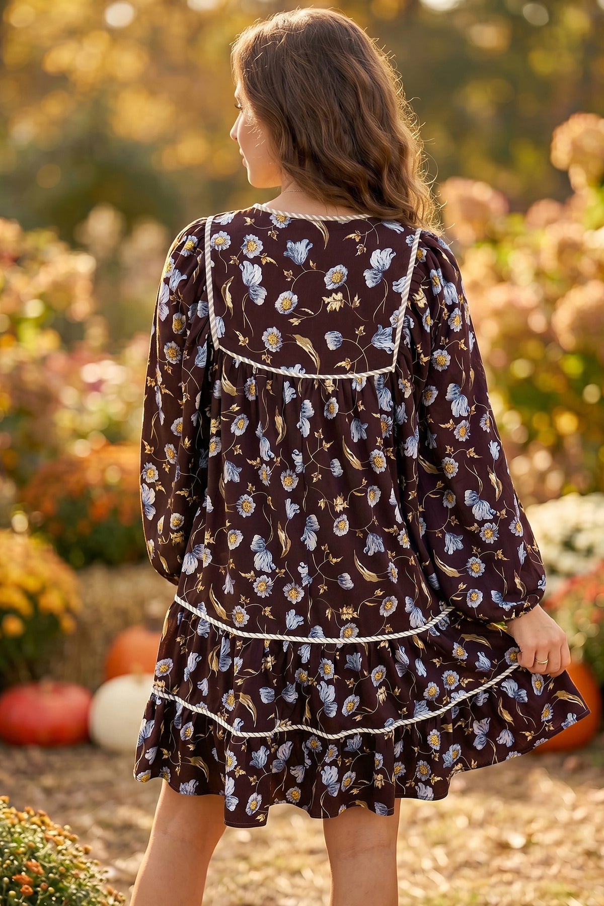 Brown Floral V-Neck Mini Dress